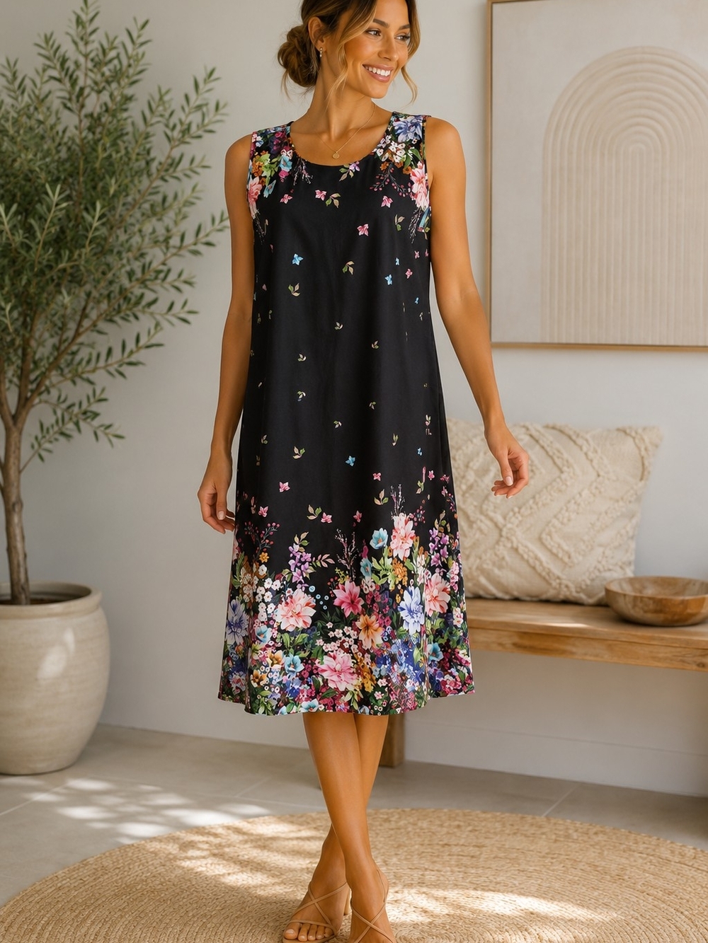 Emory Rose NWOT Floral Border Black Sleeveless Midi Dress Sz M